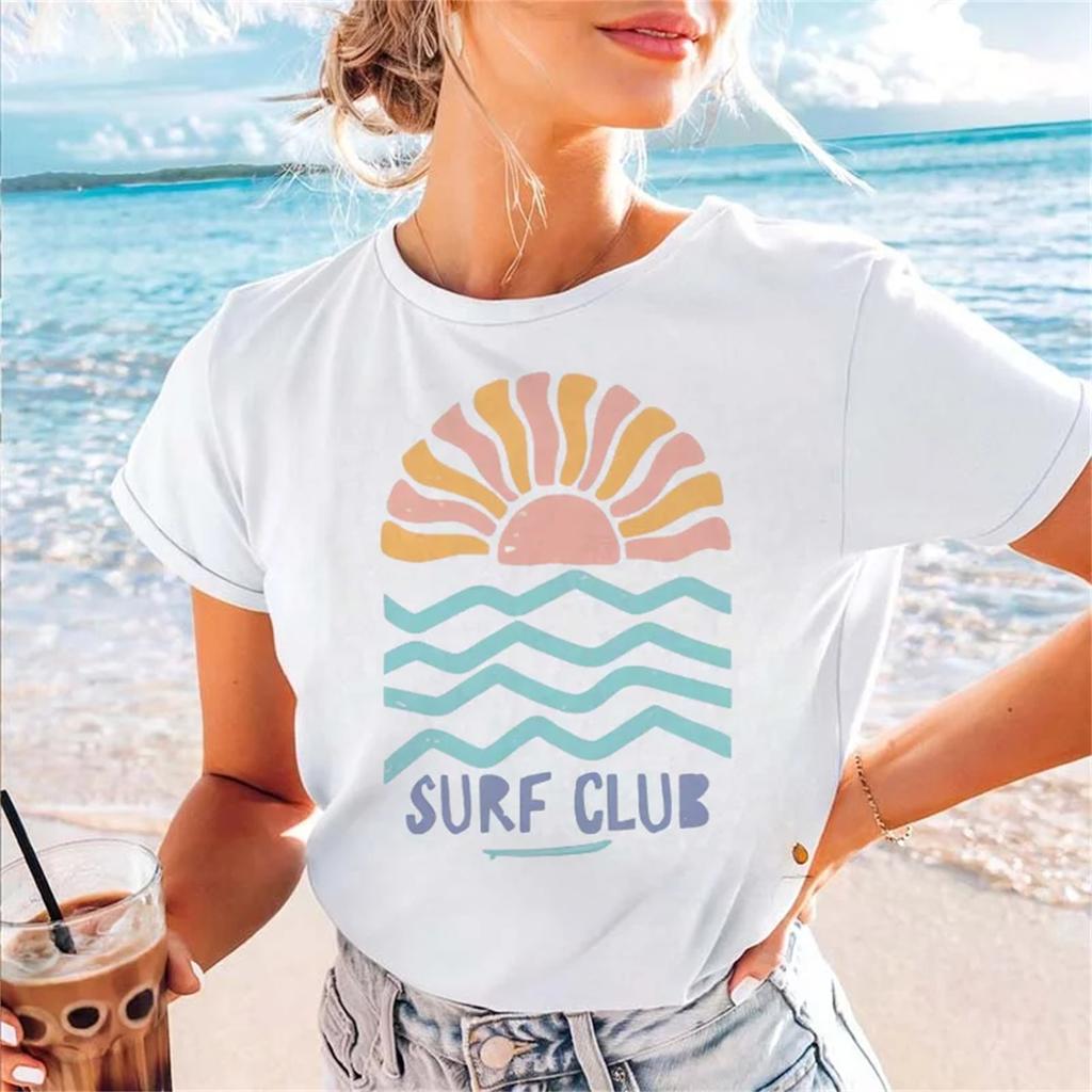 Стиль с принтом Surf Club Уличная женская мультяшная летняя футболка Одежда Милый топ с круглым вырезом Стиль с принтом Поездка Отпуск Футболка