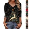 Модный винтажный топ с рукавом 3/4 для женщин, женская повседневная футболка с рукавом три четверти, V-образным вырезом и принтом