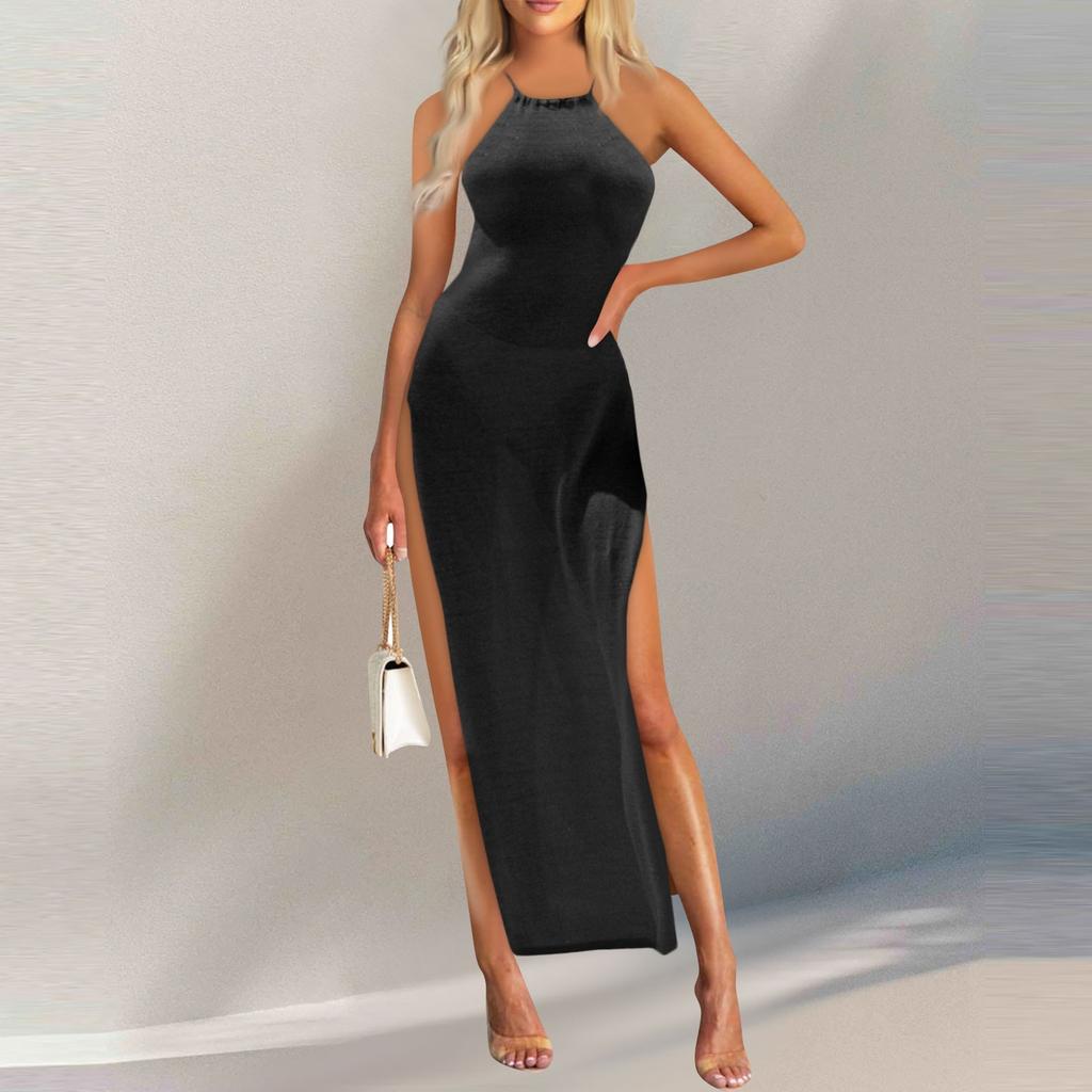 Женское платье с высоким разрезом и подтяжками, вязаное платье с воротником, летнее платье, сарафан без рукавов, платья-майки, пляжное платье