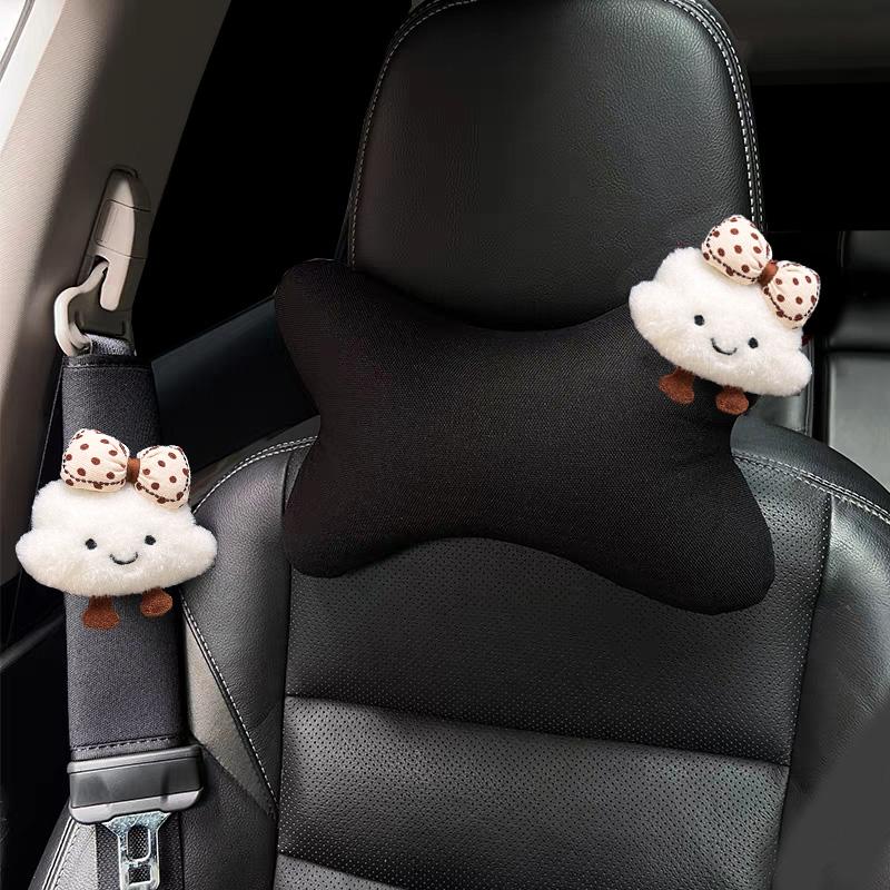 Four Seasons Ice Silk Car Neck Pillow Cute Cartoon Bow Cloud Auto Headrest Bone-Shaped Interior Accessories Seat Cushion
