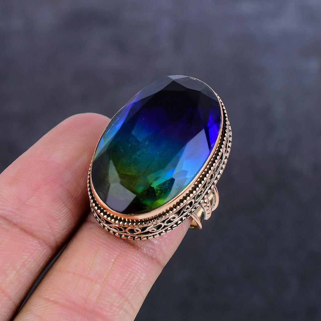 Natural Bi-Color Tourmaline Gemstone Handmade Copper Jewelry Ring Size 8 W3n69