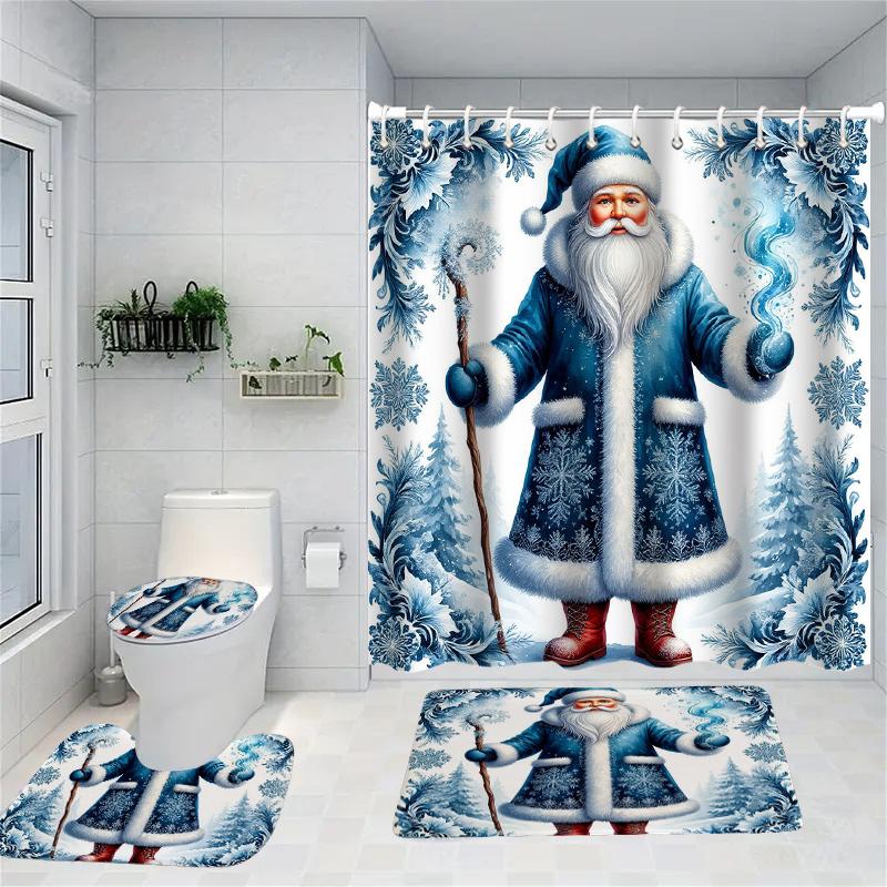 Christmas Santa Claus pattern Shower Curtain Bath Sets Waterproof Non-Slip Bathroom Rug Toilet U With 12 Hooks Home Deco