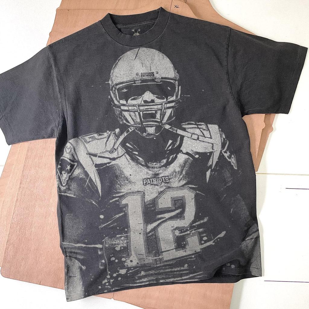 Tom Brady Handmade Bleached T-Shirt: Faded Black Cotton Unisex Tee