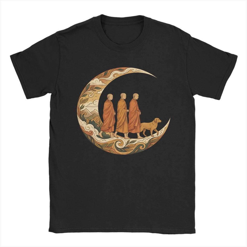 Walking for Peace Monks and Dog in a Crescent Moon Mens T Shirts Crazy Tee Shirt Short Sleeve TShirt Cotton Plus Size Clothes