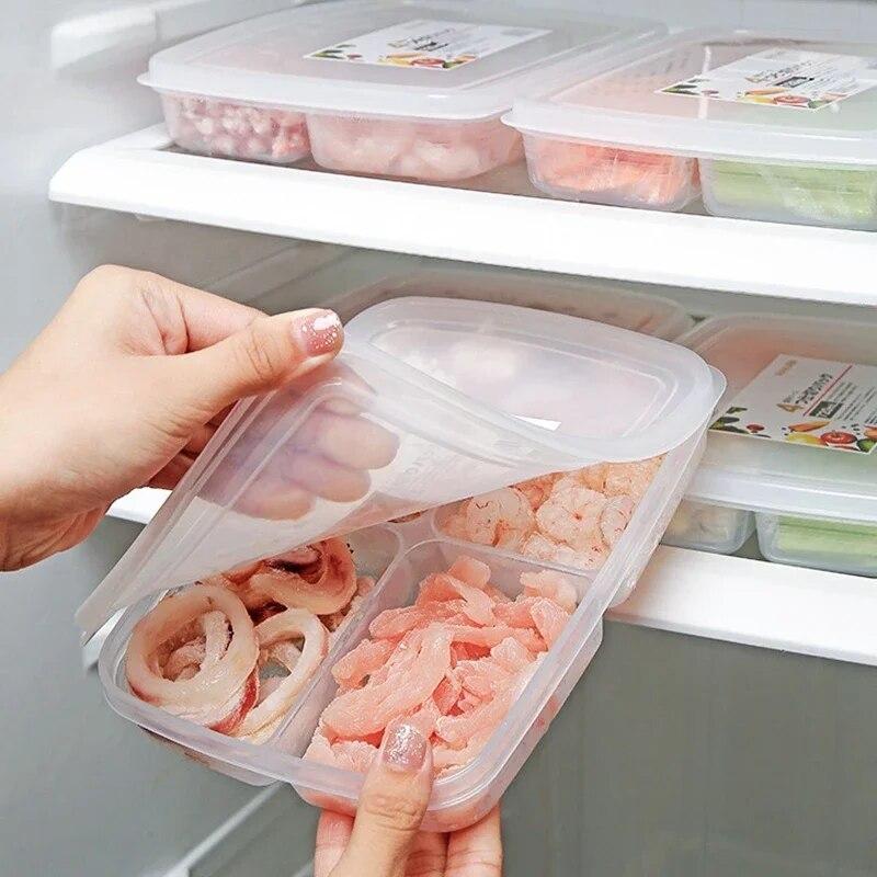 4 Grids Food Fruit Storage Box Portable Compartment Refrigerator Freezer Organizers Sub-Packed Meat Onion Ginger Clear Crisper KTY