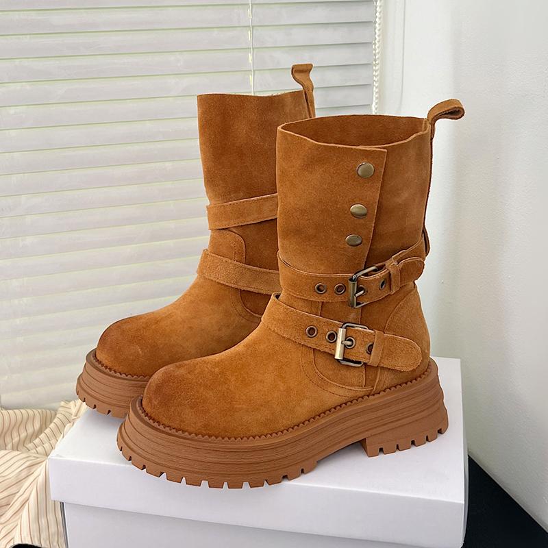 Fashion New High Quality Pleated Boots Women Nude Faux Suede Mid Boots Ladies Retro Buckle Thick Soled Autumn Winter Comfort Short Boots