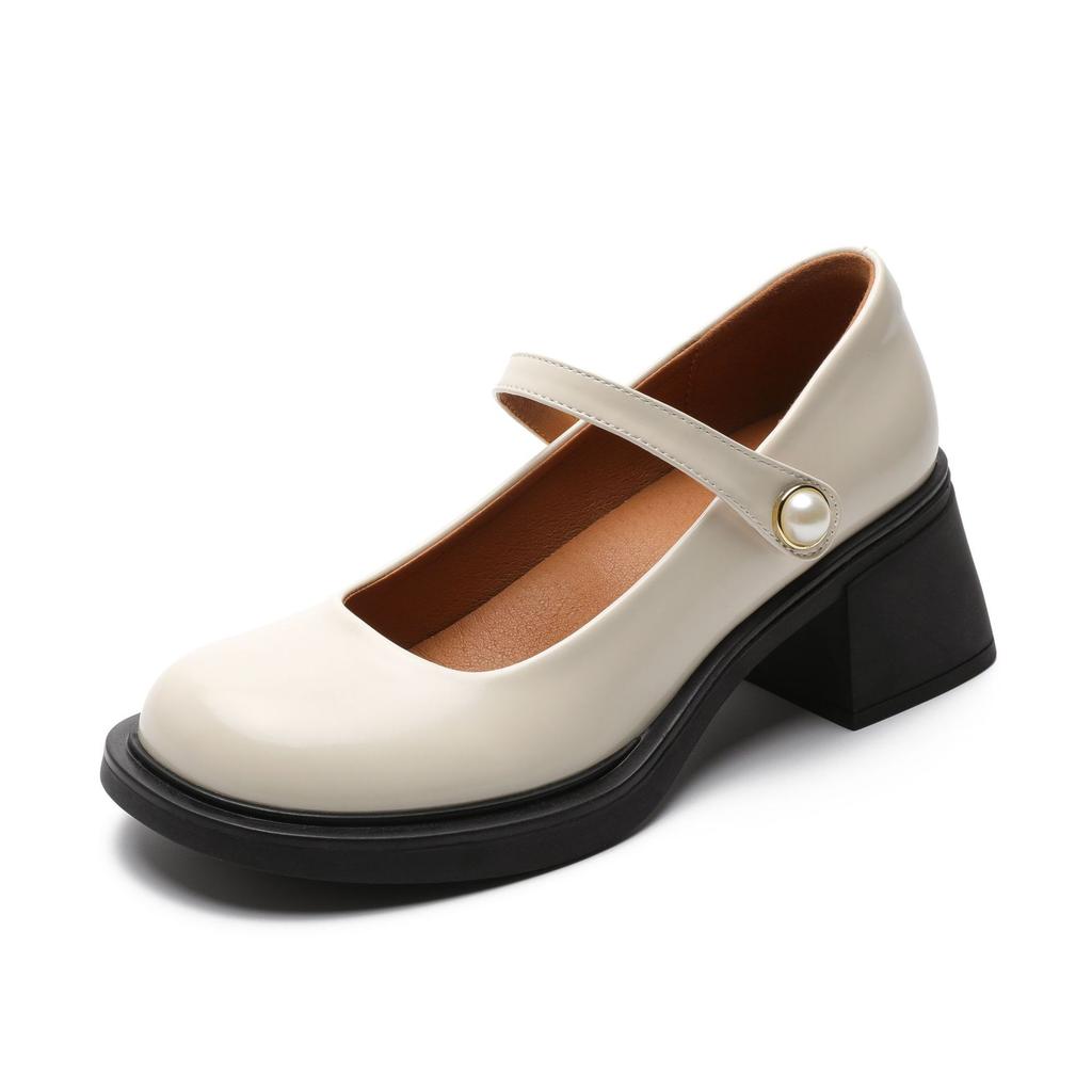 Coarse heel Mary Jane shoes women's 2025 spring and autumn new high heel retro light mouth single shoes pearl versatile black work shoes