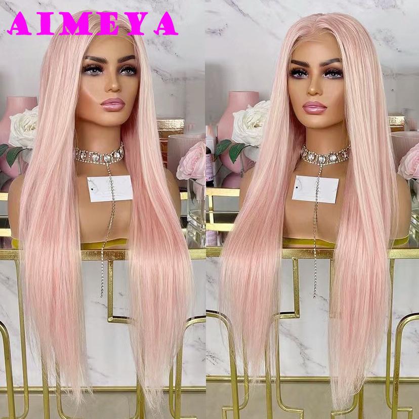 AIMEYA Light Pink Long Straight Wig Synthetic Hair Pink Lace Front Wigs Heat Resistant Wig Silky Straight Pink Hair