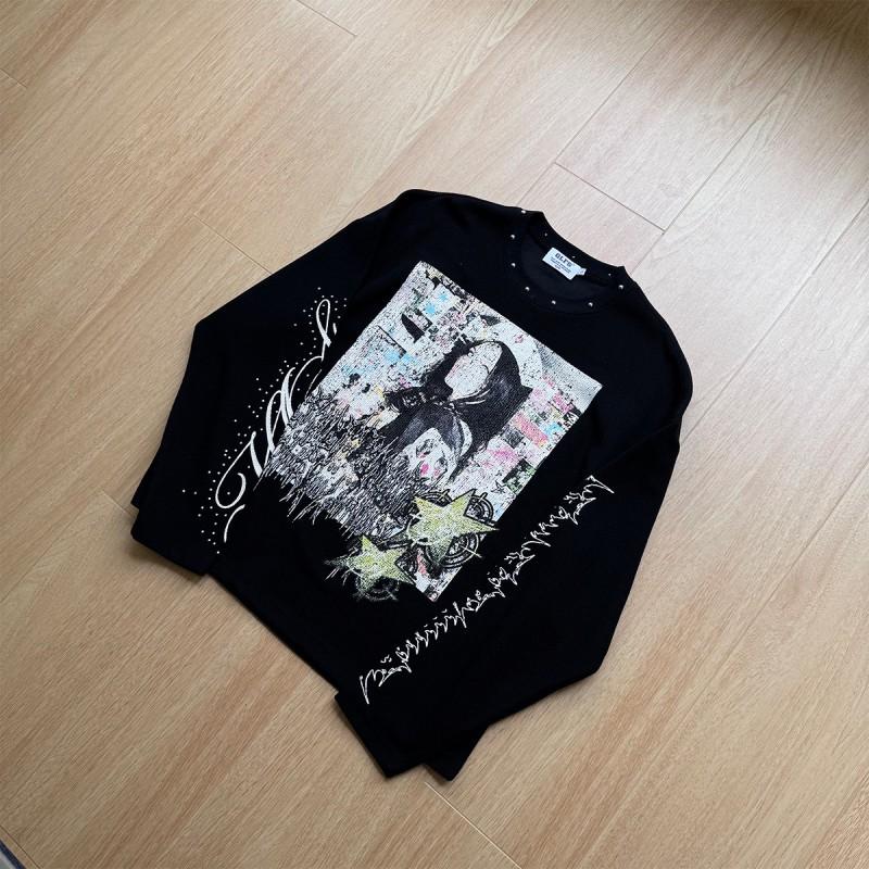 Magic Bear 2026 American Street Punk Rivet Sweatshirt Long Sleeve Waffle Knit Crew Neck Casual Top Teens