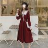 Women's Red French Hepburn-Style Slim Waist Long Sleeve Dress for Fall & Winter