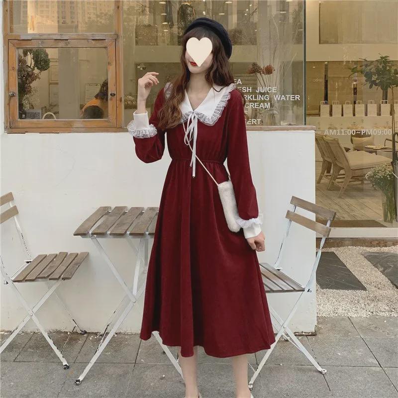 Women's Red French Hepburn-Style Slim Waist Long Sleeve Dress for Fall & Winter