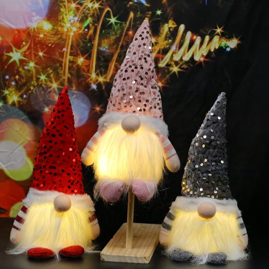 Light-Up Christmas Gnome Decoration Handmade Sequin Hat Faceless Dwarf Doll with Light Glowing Plush