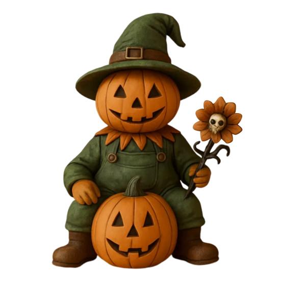 Pumpkin Man Figurine Scary Halloween Pumpkin Head Scarecrow Statue with Skull Sunflower