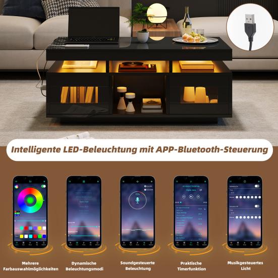 100x50x43cm Black High-Gloss Coffee Table, with LED Lights Controllable, Mobile App, Living Room Table with Cabinet, Sofa Table with Charging Port And