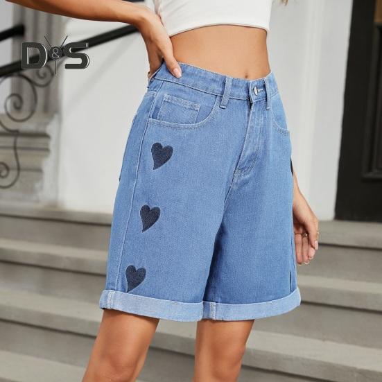 Летние женские джинсовые шорты со средней талией, длиной до колена, эластичные, повседневные, широкие, прямые, потертые, с манжетами, короткие джинсы с карманами