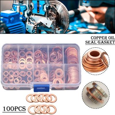 100 шт. твердые медные автомобильные шайбы для двигателя, комплект прокладок с плоским кольцом для раздавливания уплотнения