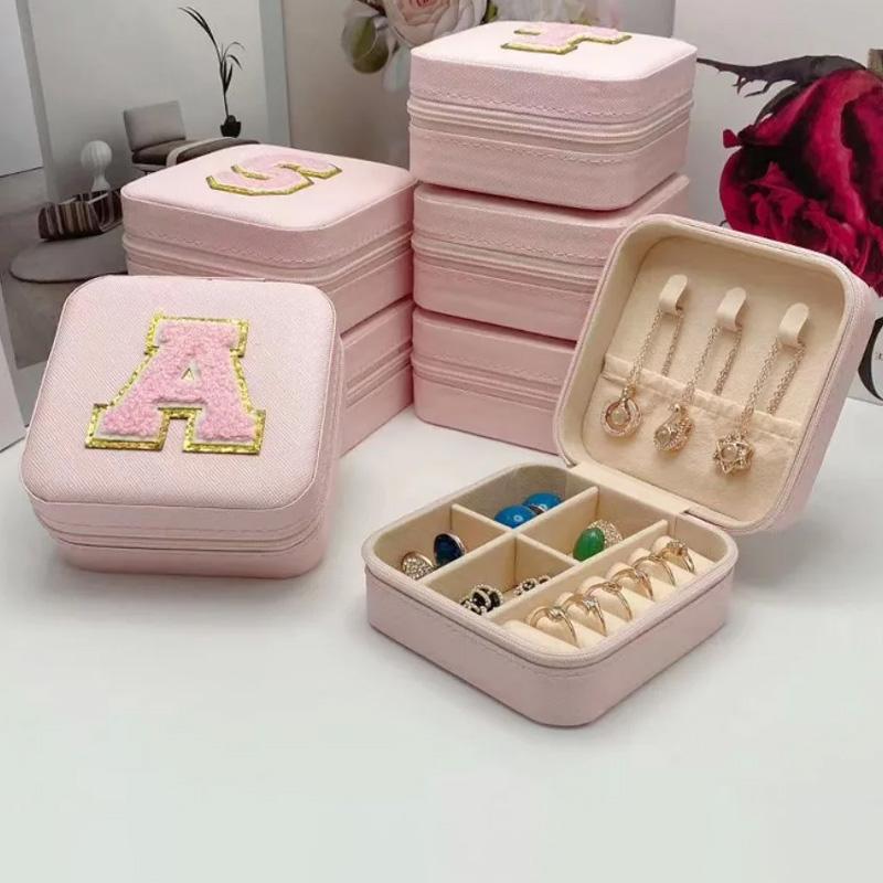 1PC Personalized Portable Jewelry Box for Women Girls Jewelry Case Small Jewelry Storage Pink Initial Letter