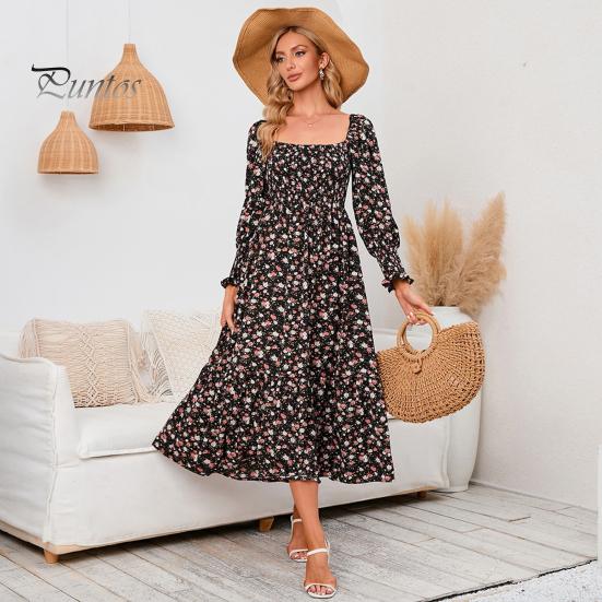 Женское платье с длинными рукавами, цветочным принтом, А-силуэтом, квадратным вырезом, миди-платьем, эластичным бюстом, открытой спиной, плиссированным подолом, весна-осень