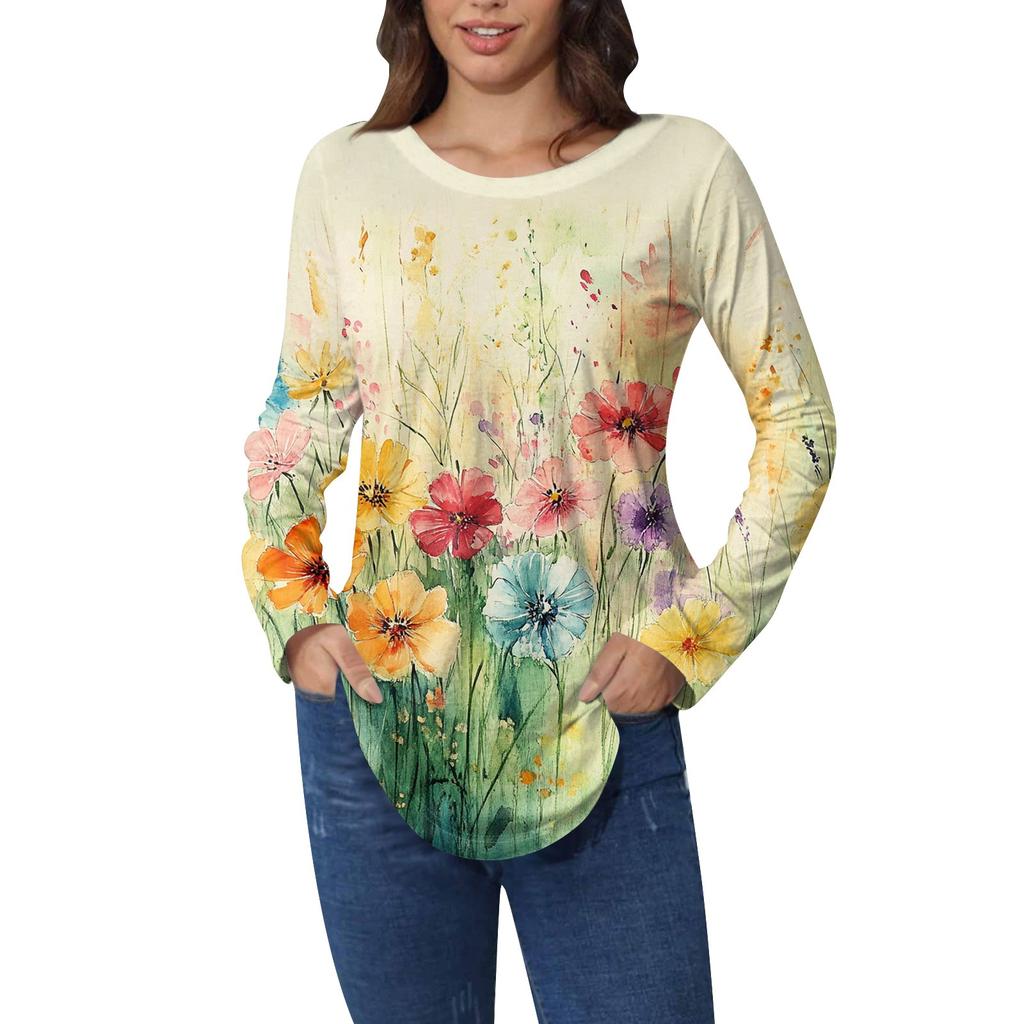 Рубашки для женщин Милые винтажные узоры с принтом Футболка с длинным рукавом Туника Топы Хлопковые пуловеры