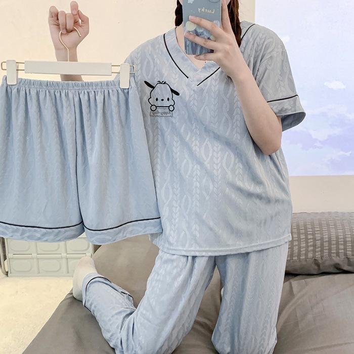 Cotton pajamas women's three-piece set, short-sleeved trousers, fattening large size catties in summer, fat mm short free shipping