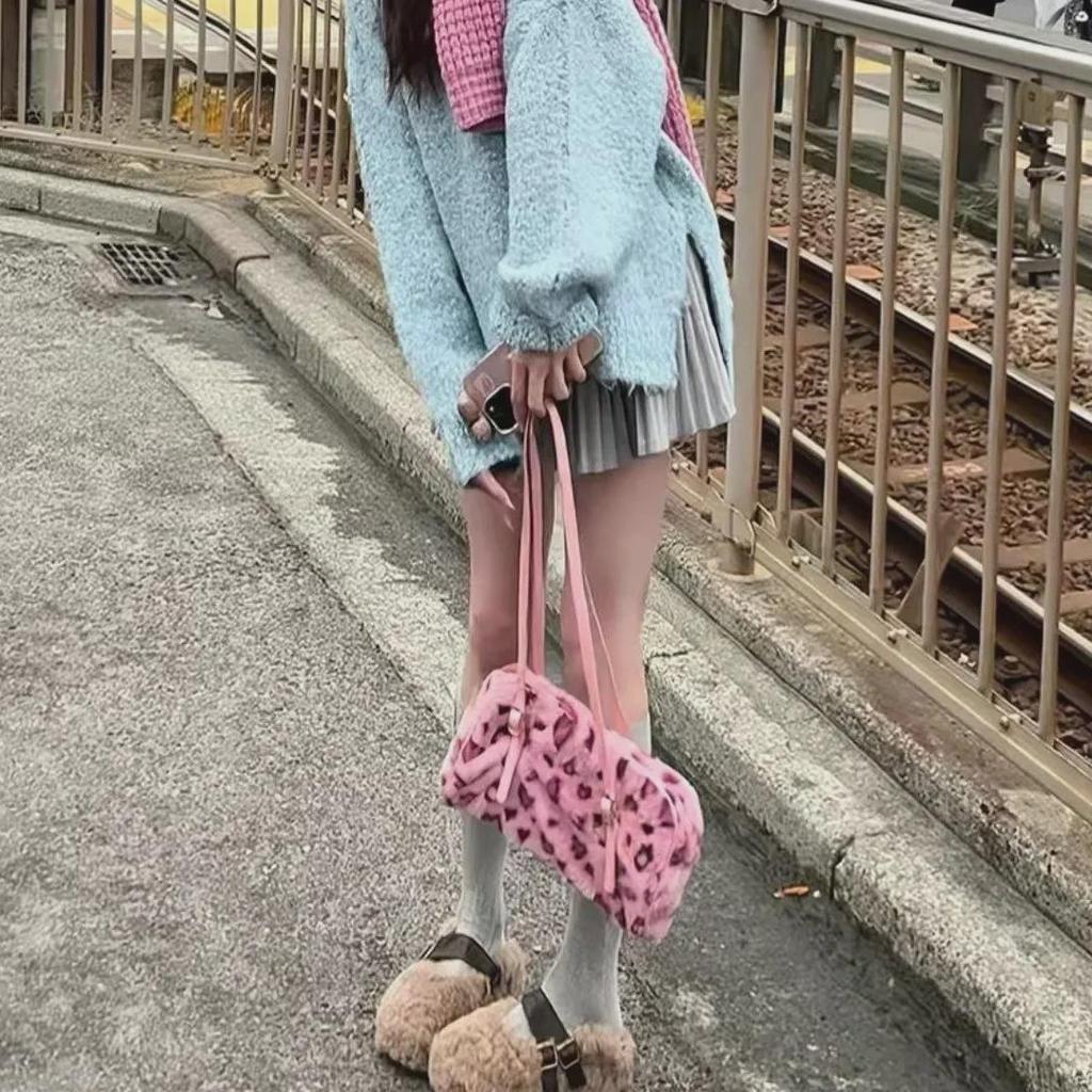 Новая плюшевая сумка через плечо с розовым леопардовым принтом 2024 года для женщин