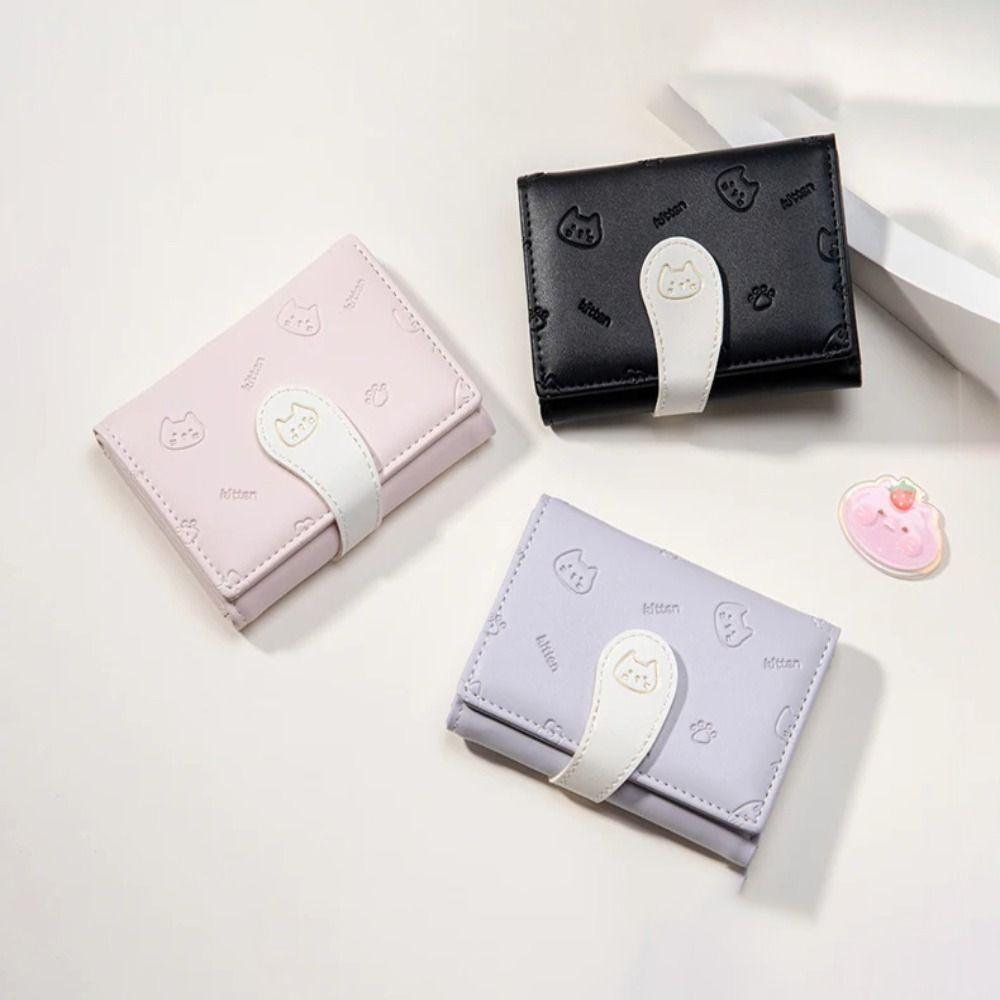 Кошелек для удостоверения личности для девочек с принтом котенка, женские сумки для денег из искусственной кожи, новый короткий милый маленький кошелек