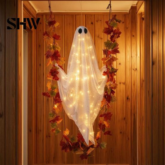 Mysterious Holiday Window Decorations Swinging Ghost Outdoor Decor, Large Halloween Hanging with Maple Leaf Spooky Tree Ornaments Vine Lights