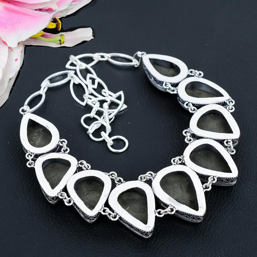 Pyrite Agate Gemstone Handmade 925 Sterling Silver Jewelry Necklace 18" KG-1656