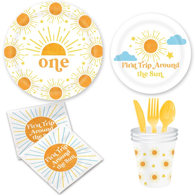 Sun Themed Party Tableware Paper Plates Tissue Paper Cups Birthday Supplies, Bohemian Disposable Birthday Parties
