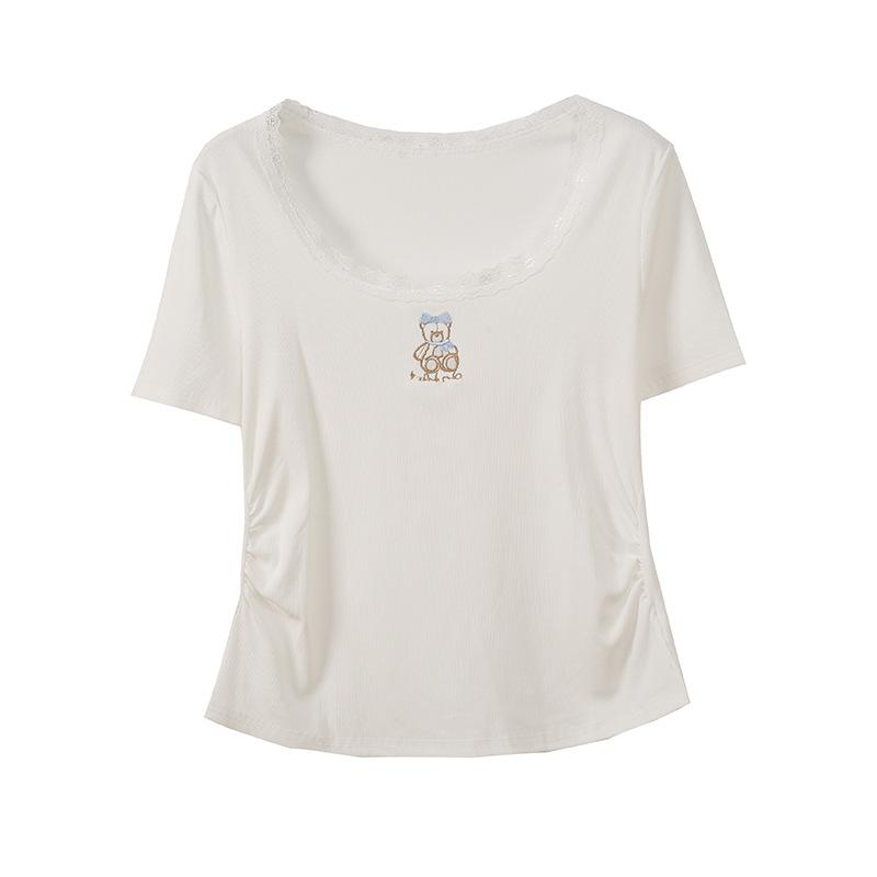 Fat mm bear embroidered lace pullover T summer new pinch pleated waist slim top 242549