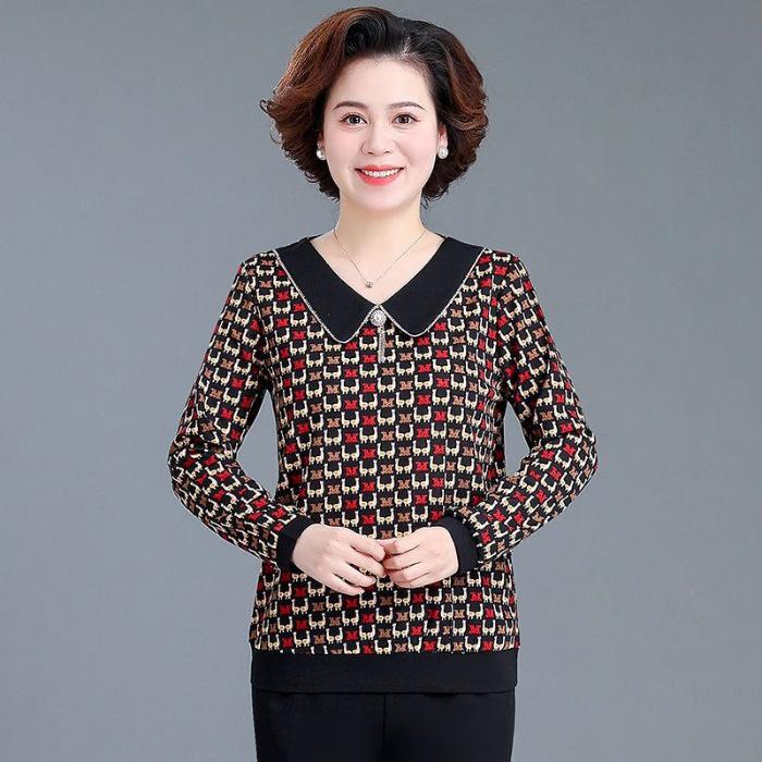 Весеннее платье для мам среднего возраста с кукольным воротником, футболка в иностранном стиле, маленькая рубашка, свободный топ с длинными рукавами в иностранном стиле для женщин среднего и пожилого возраста