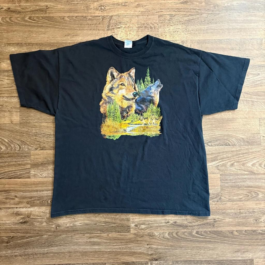 Y2K / Vintage Wolf Nature Graphic T Shirt Wildlife Forest Howling Wolves Tee 2XL