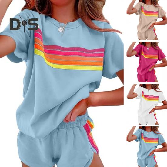 Женский комплект из 2 предметов: футболка с коротким рукавом и круглым вырезом, эластичная резинка на талии, широкие шорты, комплект в стиле пэчворк, уличный стиль