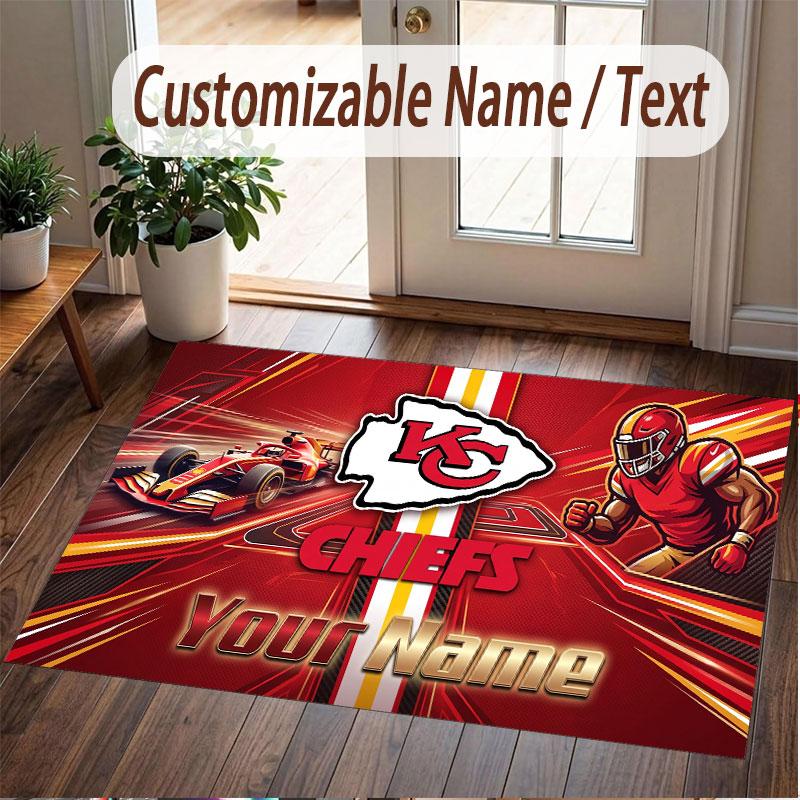 Custom Rug Kansas City Chiefs Pattern Print Name Text Soft Non‑Slip Floor Carpet for Home Indoor Decoration