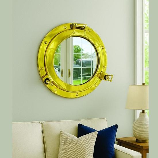 Golden Brass Porthole Mirror Nautical Maritime Wall Decor
