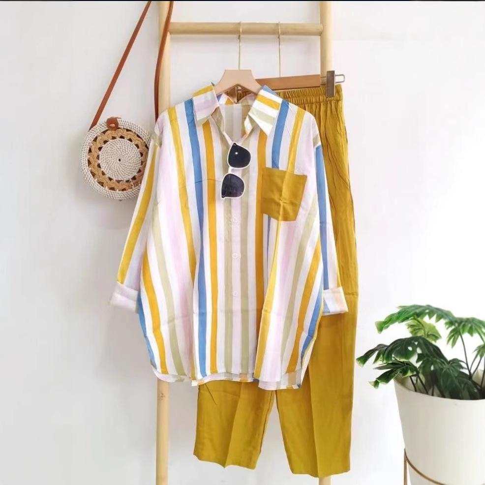 Женский летний свободный костюм для поездок на работу больших размеров, повседневная рубашка в полоску + брюки, тонкий удобный комплект из двух предметов