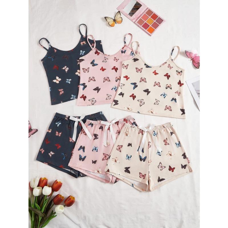 3 Sets Women's Pajama Set Butterfly Pattern Halter Top Shorts Six-piece Casual Home Wear