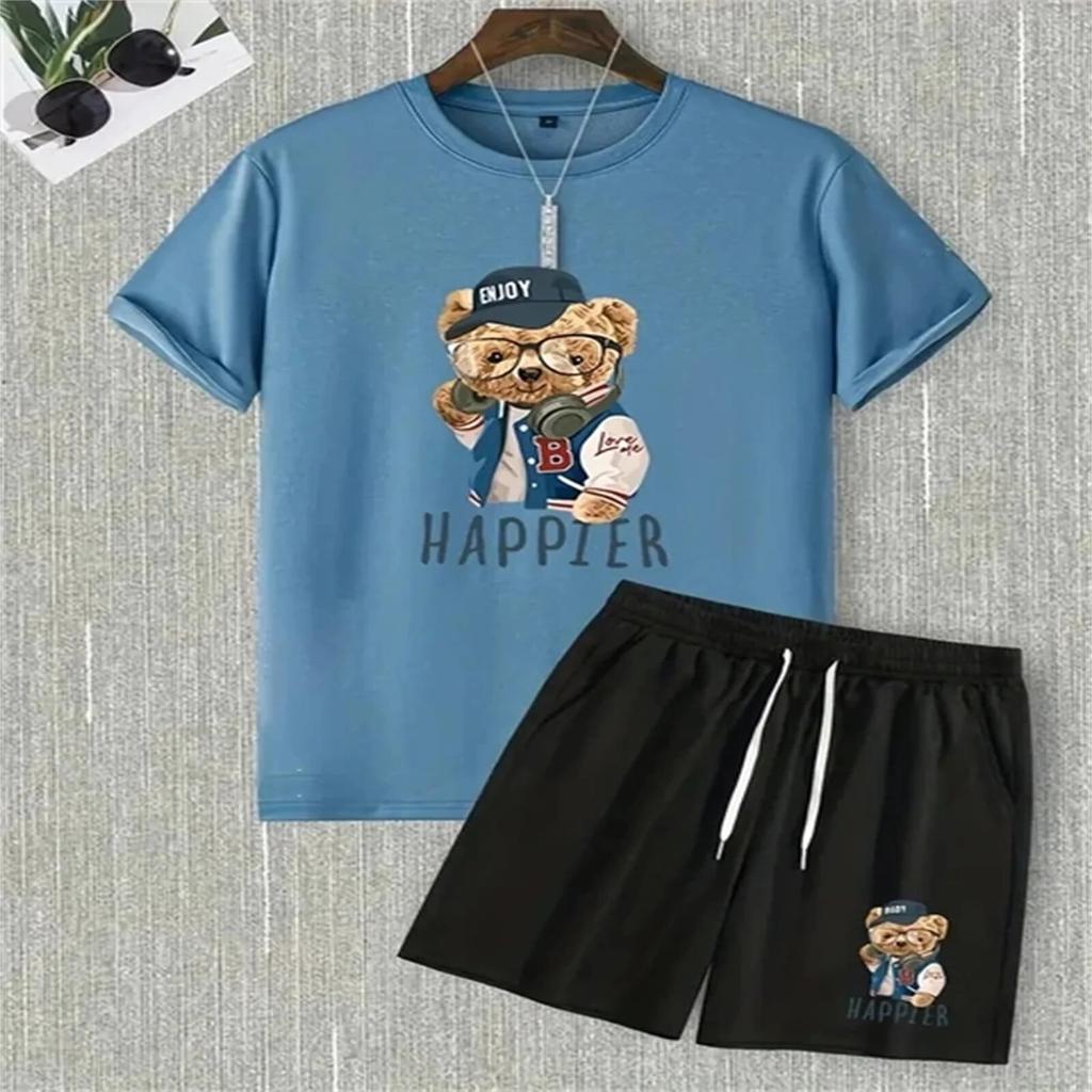 Мужской комплект одежды из 2 предметов с крутым медвежьим принтом, повседневная футболка и свободные шорты на шнуровке, летняя футболка для мужчин