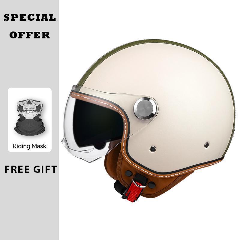 Classic White Green Stripes Open Face Motorcycle Helmets Leather Jet Moto Helmet with Daul Lens Electric Scooter Racing Helmet