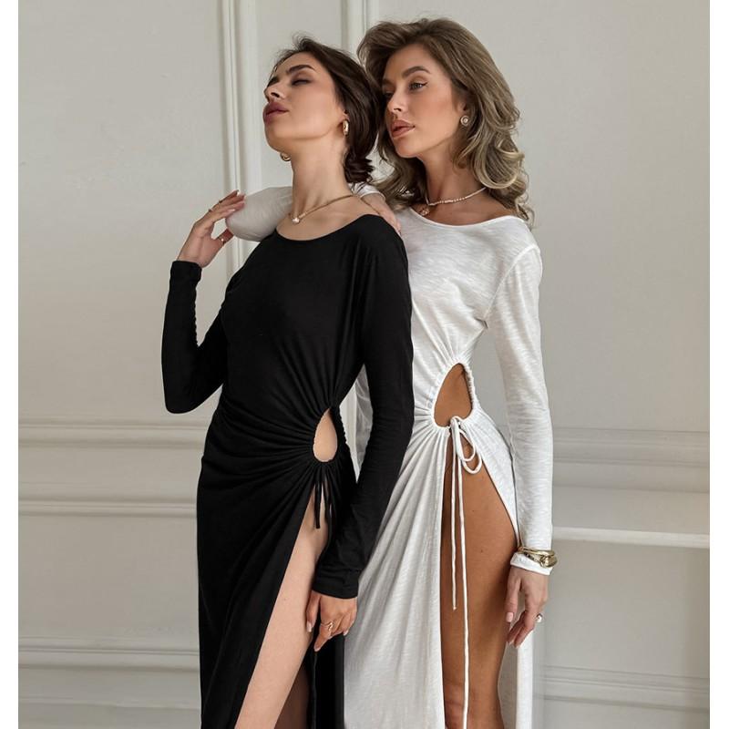French Style White Crew Neck Dress Women Slim Waist Pleated Slit A-Line Long Sleeve