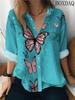 Women's Long Sleeved Lapel Button Up Blouse Autumn Butterfly Pattern Printed Casual Shirts New Loose Daily Women's Tops