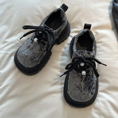 Европейский золотой бархатный верх, жемчужная шнуровка, JK маленькие кожаные туфли, толстая подошва, платформа, трехслойная подошва, маленькие лоферы 8 см, женские