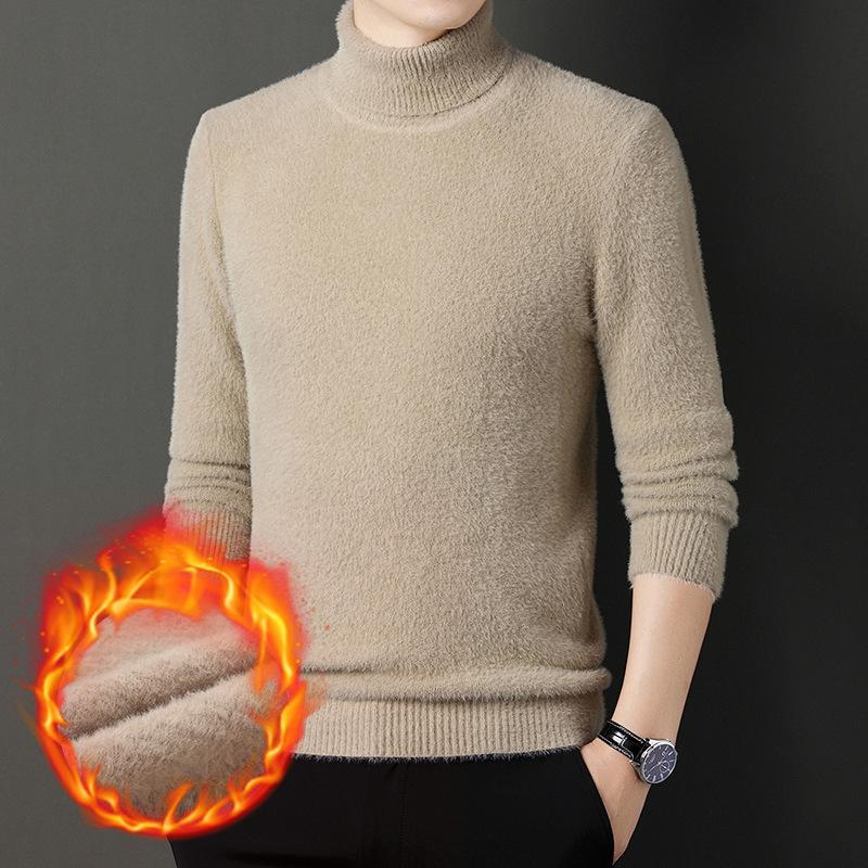 Men's Winter Solid Color Warm Turtleneck Thick Sweater Imitation Mink Velvet Knitted Base Layer Plus Velvet Sweater