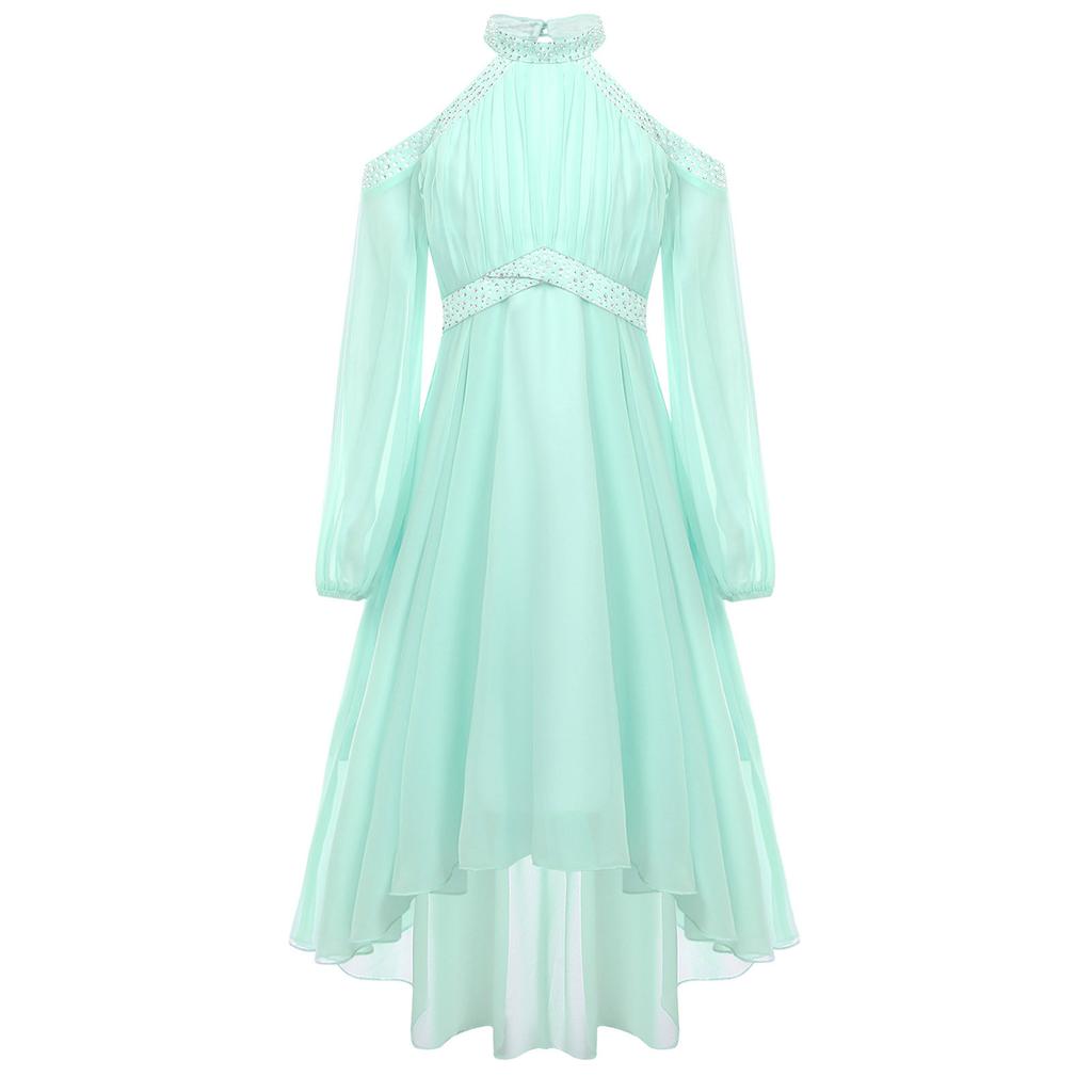 Girls Elegant Party Gown Halter Off Shoulder Long Sleeve High Waist Ruffled Irregular Hem Fake Diamond Design Dress