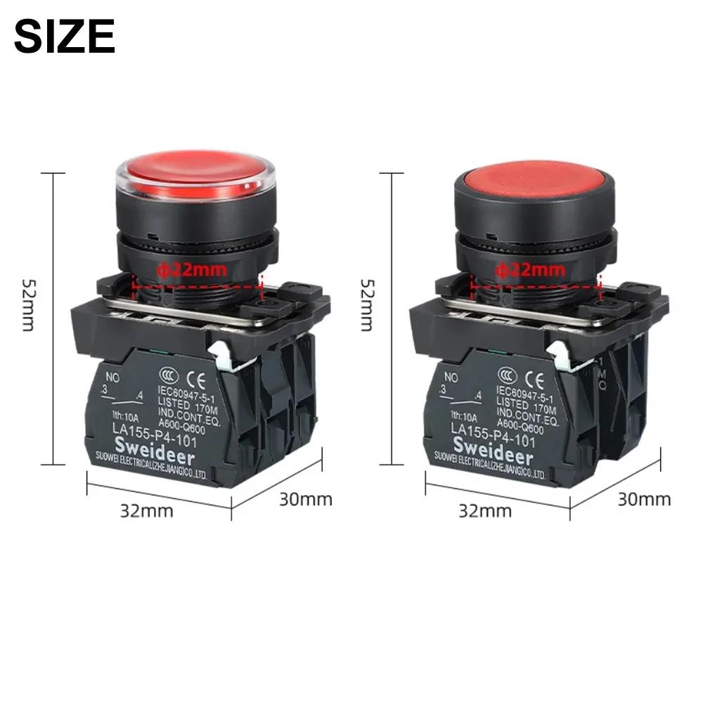 XB4 22mm Push Button Switch with LED Momentary Self-reset Power Button Switch with Light 12V 24V 220V 10A 1NO 1NC 2NO Red Green