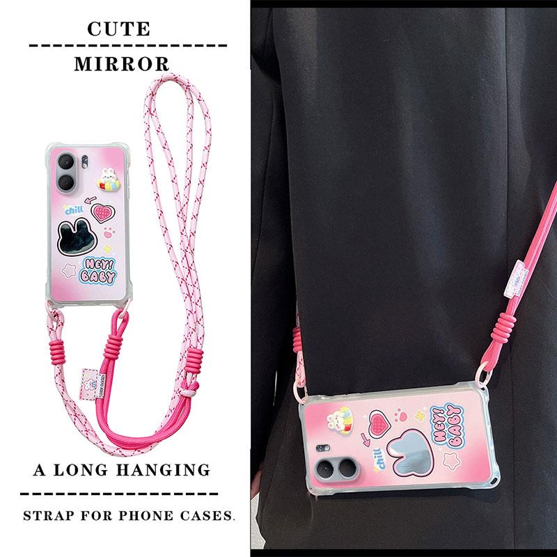 KEYSION Crossbody Strap Phone Case for OPPO A5X 5G Cute Cartoon Long Lanyard Mirror Shockproof Cover for OPPO A5X