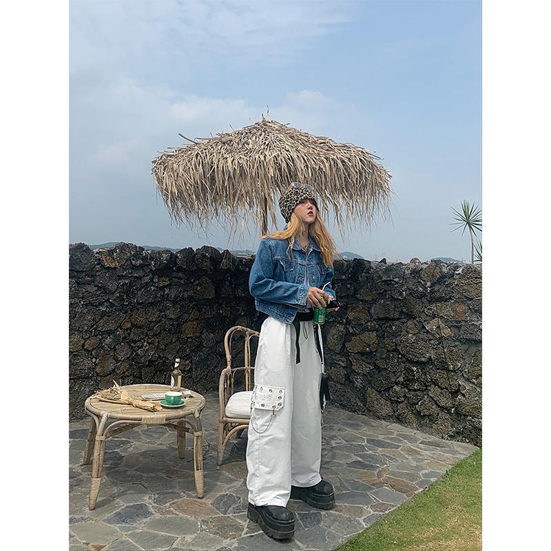 Черные брюки-карго в стиле Харадзюку, женские брюки-карго в готическом стиле с цепочкой, белые широкие брюки, женские хиппи, уличный стиль, эмо-торговый центр, гот