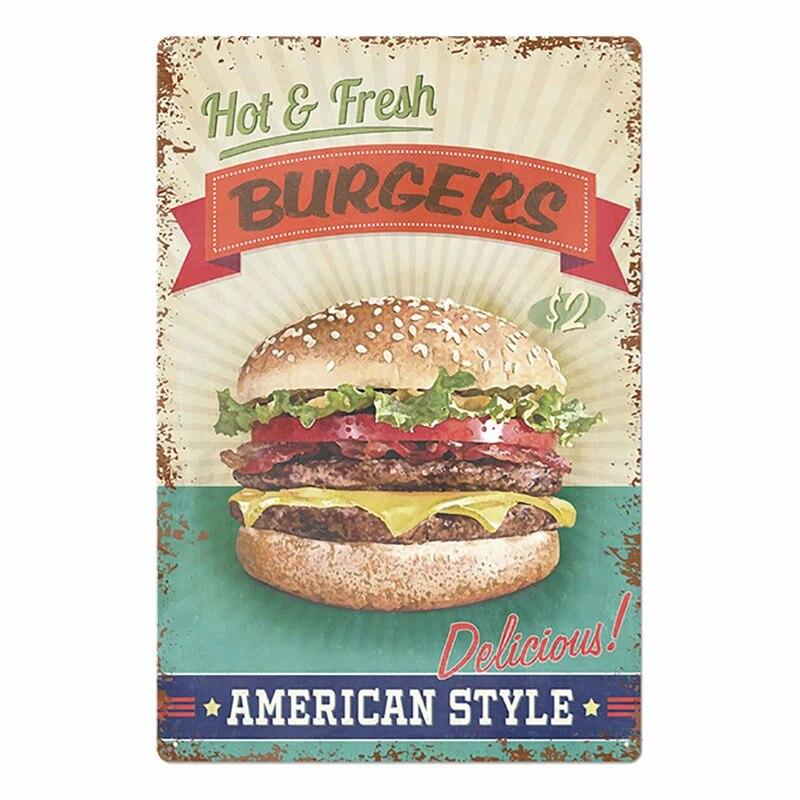 Hamburger Metal Tin Sign Plaque Vintage Burgers and Fries Metal Plate Poster Kitchen Restaurant Shop Wall Decor