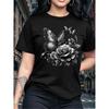 Женская футболка большого размера с круглым вырезом и коротким рукавом, элегантная, с принтом фиолетовой розы и черной бабочки, повседневный топ, праздничный подарок