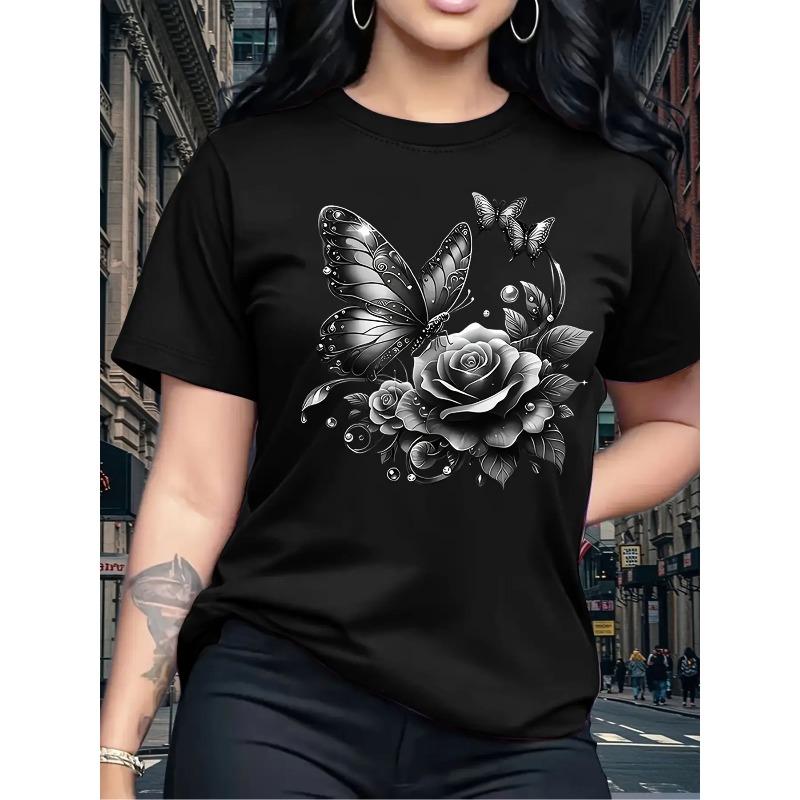 Женская футболка большого размера с круглым вырезом и коротким рукавом, элегантная, с принтом фиолетовой розы и черной бабочки, повседневный топ, праздничный подарок